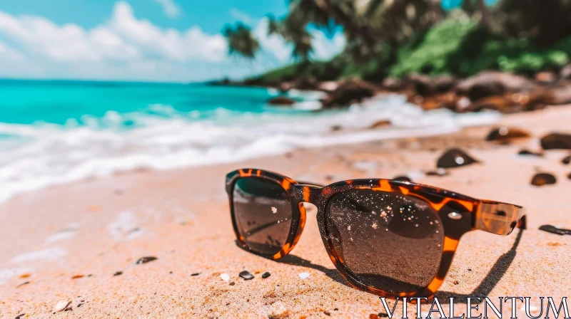 Brown Sunglasses on Tropical Beach - Vibrant Summer Photography AI Image