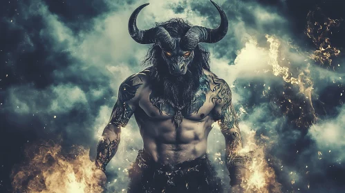 Powerful Minotaur with Horns and Tattoos