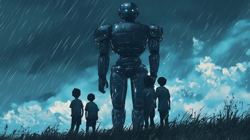 Children and Robot in the Rain