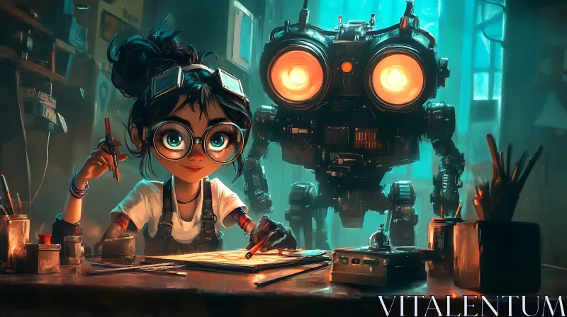 Whimsical Workshop Scene with Girl and Robot AI Image