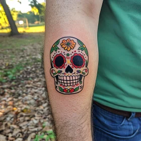 Vibrant Sugar Skull Tattoo with Flower Designs