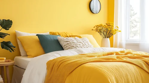 Yellow-themed Bedroom with Flowers and Cozy Bed