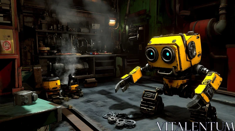 AI ART Yellow Robot in Industrial Workshop Setting