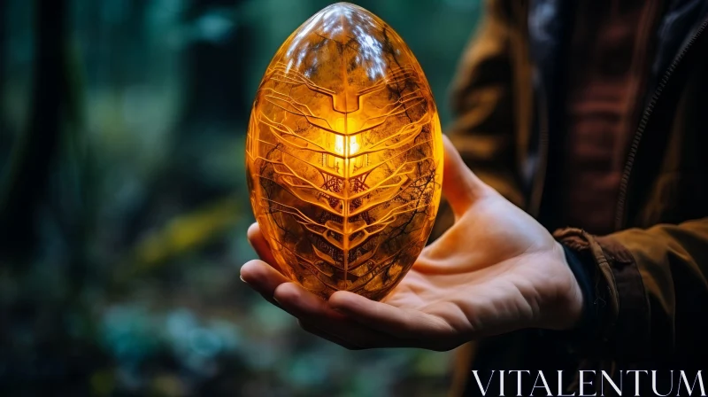 Enigmatic Amber Stone Held in Forest Setting AI Image