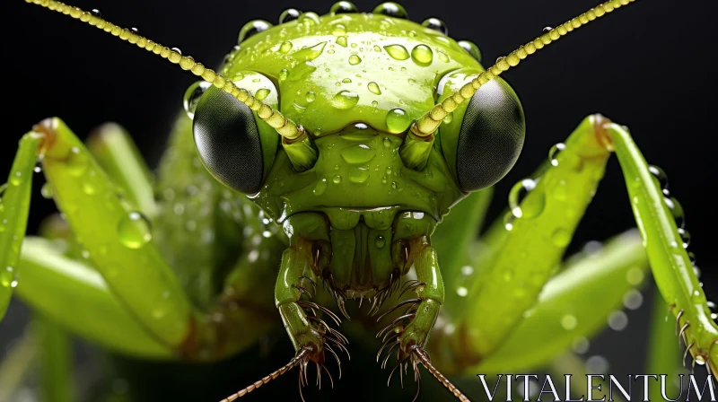 Green Grasshopper with Water Drops: A Symbolic Object Portraiture AI Image