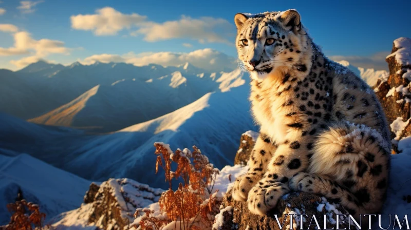 Majestic Snow Leopard on Snowy Mountain Peak AI Image