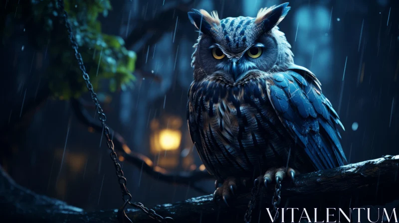 Owl in the Rain: A Nighttime Nature-inspired Fantasy AI Image
