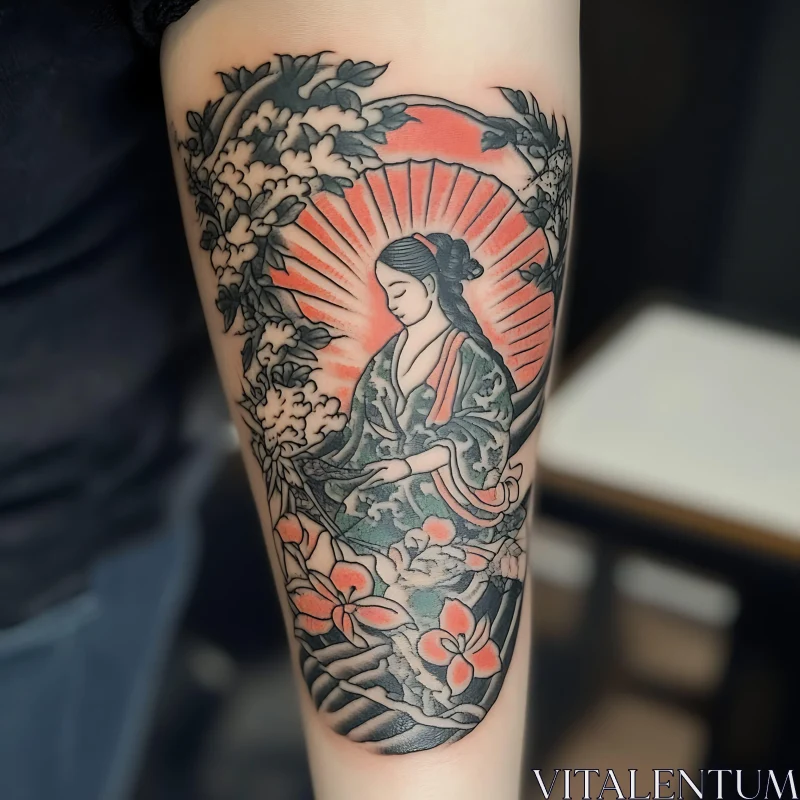 Elegant Geisha Tattoo Art with Floral Elements AI Image