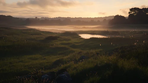 Morning Mist Over Green Field