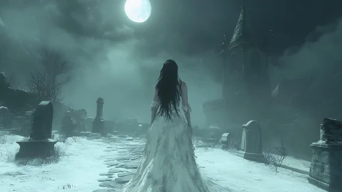 Moonlit Graveyard with Woman in White