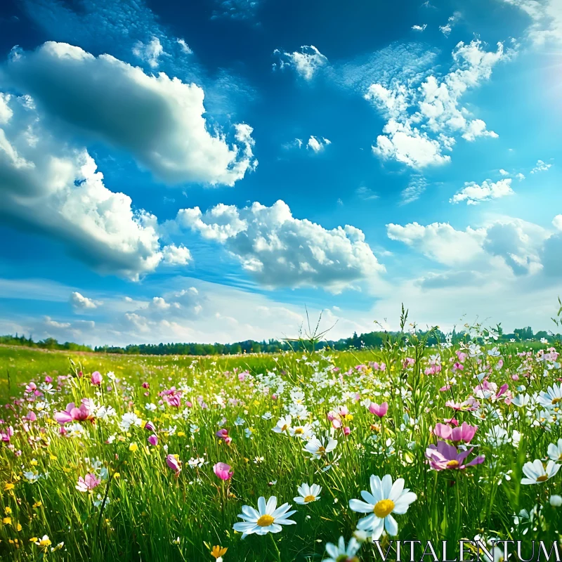 Summer Meadow with Flowers and Clouds AI Image