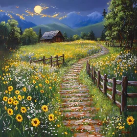 Moonlit Path Through Wildflower Meadow