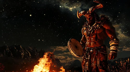 Horned Warrior with Drum by Night Fire