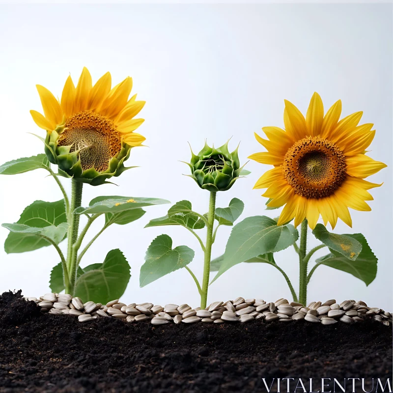 Three Sunflowers at Different Stages of Growth AI Image