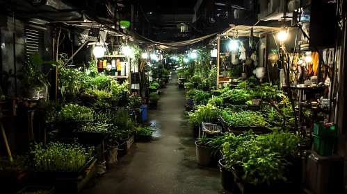 Illuminated Greenery: Night Market Scene