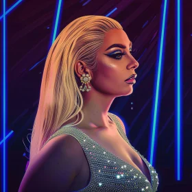 Lady Gaga in Stylish Silver Attire and Neon Setting