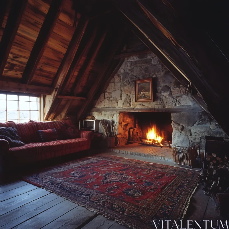 Attic Room with Fireplace and Red Sofa AI Image