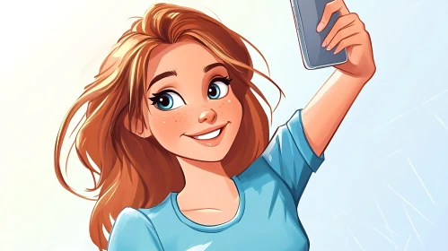 Cheerful Woman Taking Selfie Art