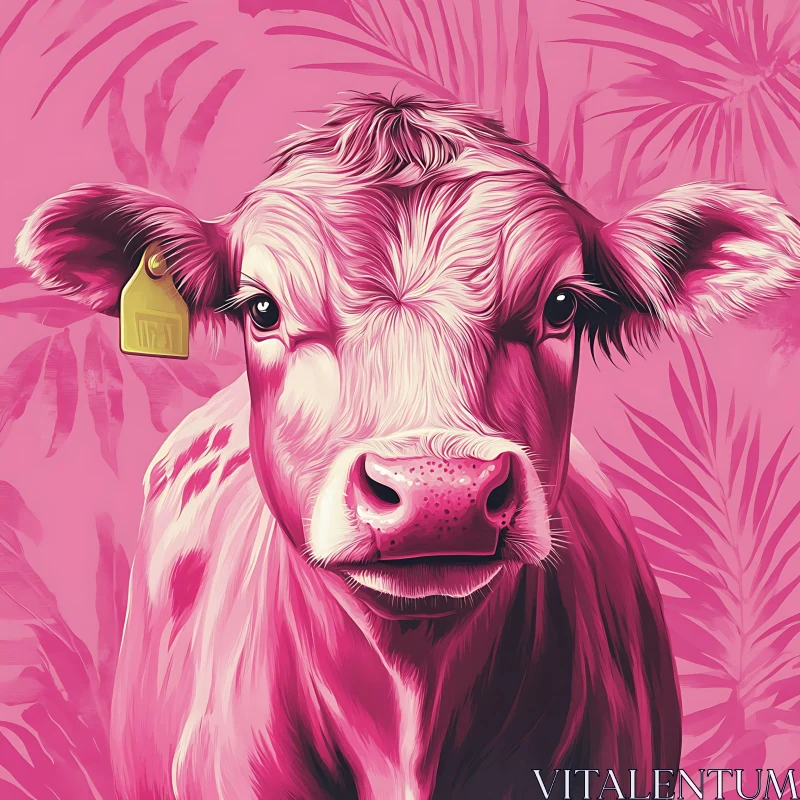 Monochrome Pink Cow with Leaves AI Image