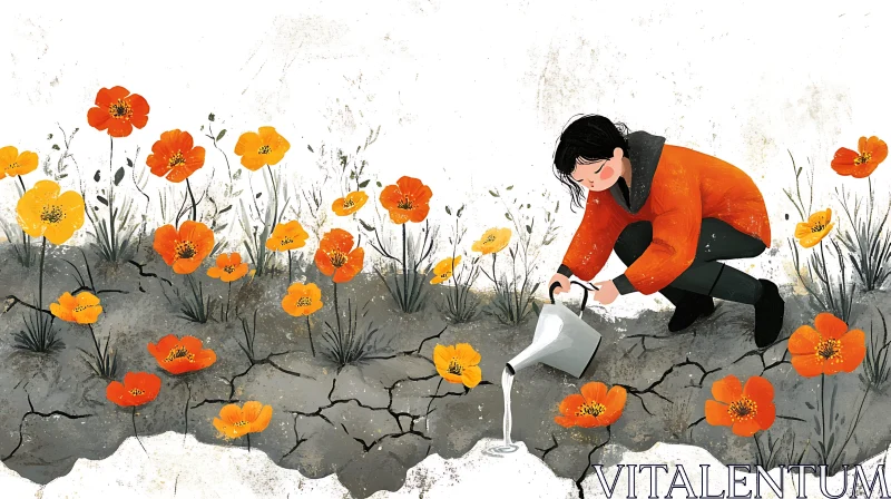 Girl Watering Flowers in Dry Land AI Image