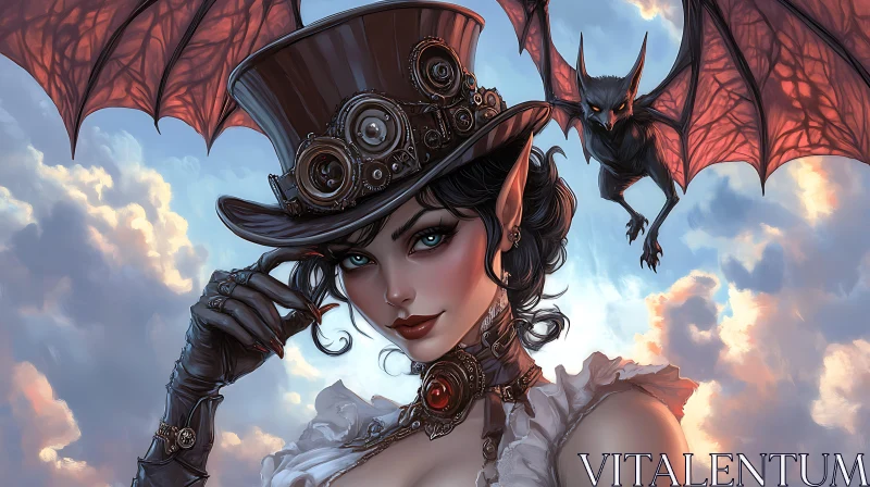 Elf in Steampunk Hat with Bat AI Image