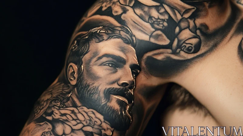 Realistic Black and Gray Tattoo Sleeve Featuring Male Portrait AI Image