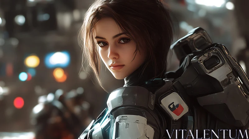 High-Tech Armored Female Warrior in Future Setting AI Image