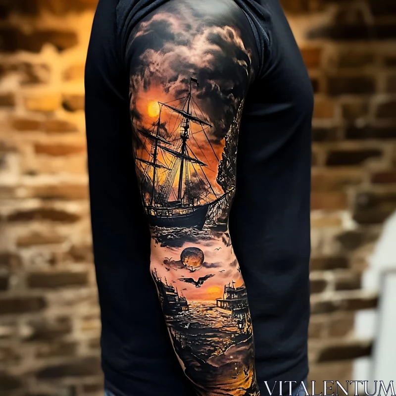 Ship and Sunset Themed Arm Sleeve Tattoo AI Image