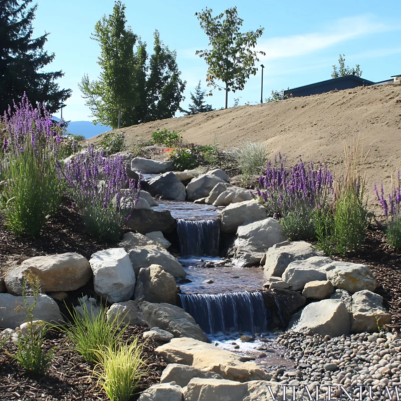 Scenic Waterfall Landscape with Purple Flowers AI Image