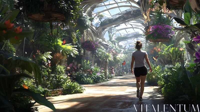 Woman Walking in Lush Greenhouse AI Image