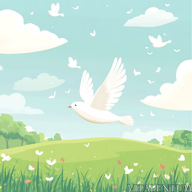 AI ART Soaring Dove Illustration: Sky and Field