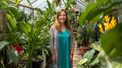 Portrait of Woman in a Lush Greenhouse