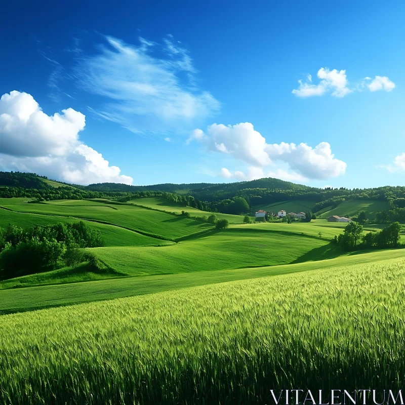 Green Field, Blue Sky Landscape AI Image