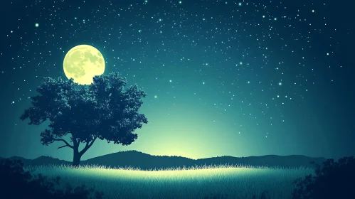Night Landscape with Moon and Stars