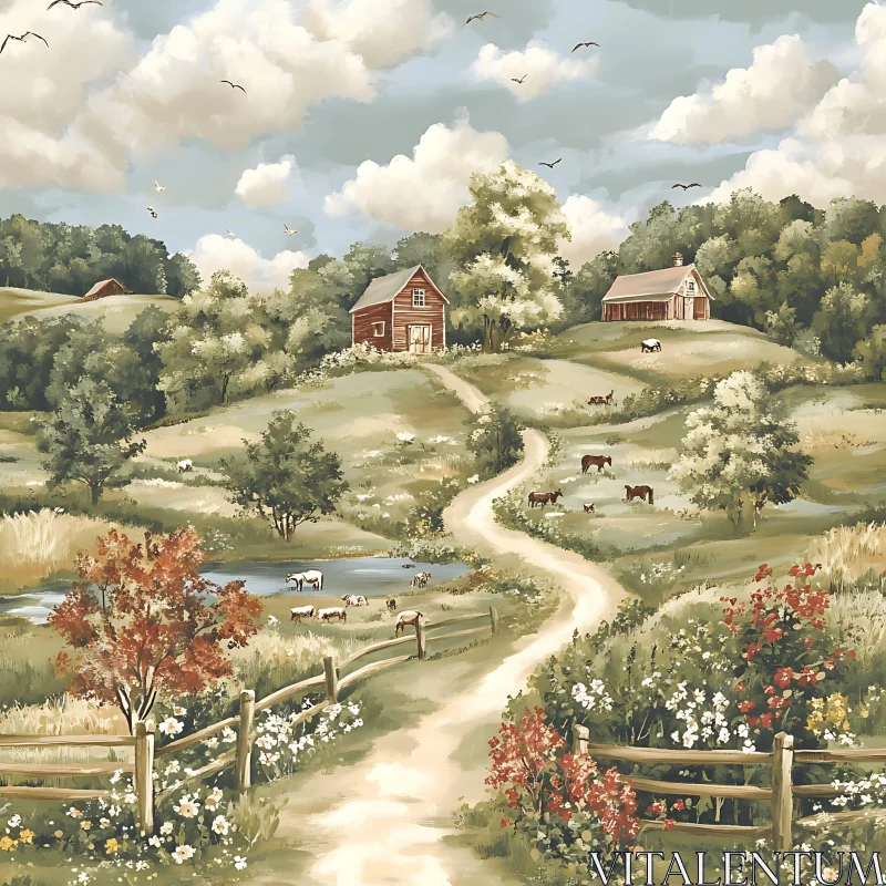 Peaceful Countryside Scene with Farmhouses AI Image