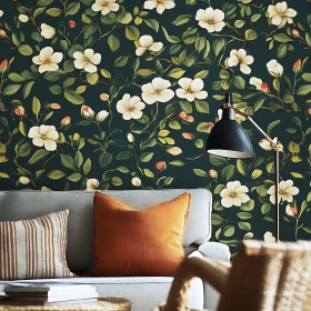 Botanical Wallpaper with Couch and Pillows