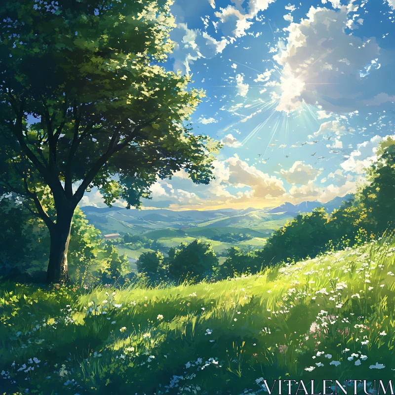 Sunlit Green Meadow with Trees AI Image