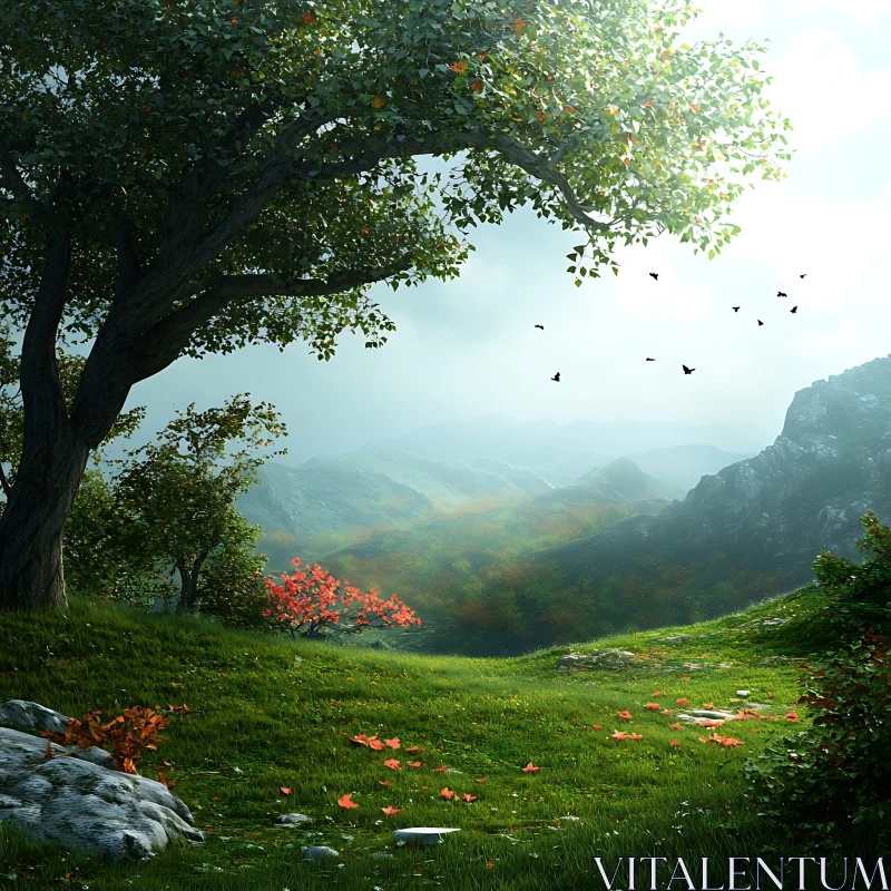 AI ART Green Meadow with Mountain View