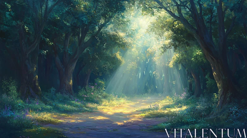 AI ART Sunlit Path in a Tranquil Forest