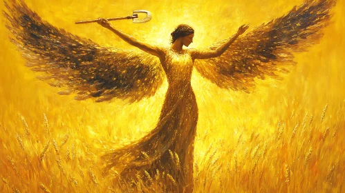 Winged Figure in Golden Landscape