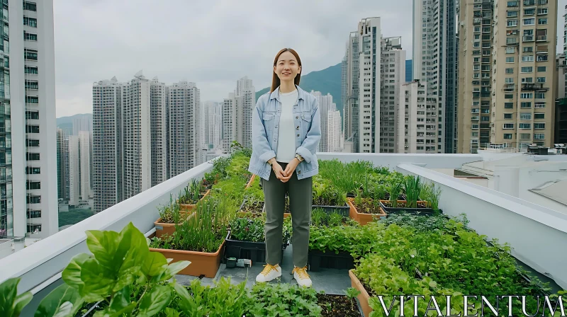 Woman in Rooftop Garden with City View AI Image