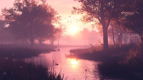 Peaceful Sunset Over a Misty River and Autumn Trees