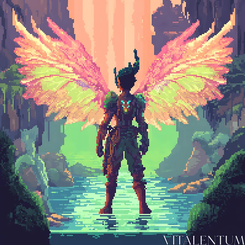 AI ART Pixelated Winged Figure in Nature