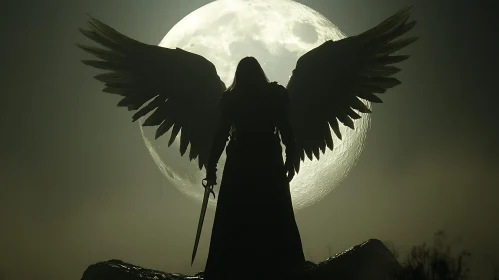 Moonlit Angel with Sword Silhouette