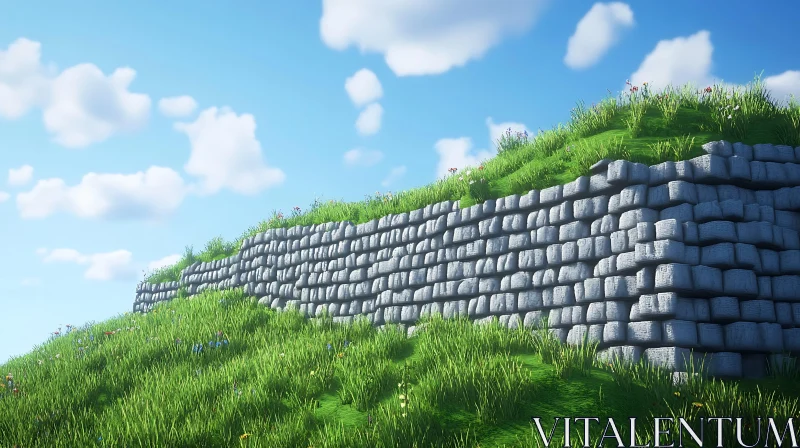 Green Grass on Stone Wall AI Image