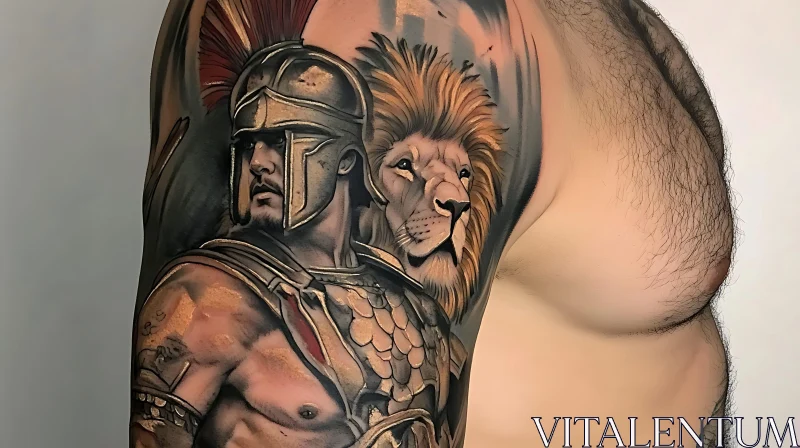 Detailed Roman Warrior and Lion Tattoo on Arm AI Image