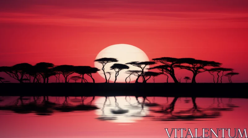 AI ART Captivating African Sunset: Adobe Silhouette by a Tranquil Lake