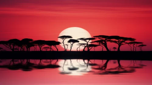 Captivating African Sunset: Adobe Silhouette by a Tranquil Lake