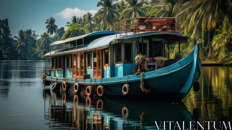 Captivating Nature Artwork: Serene Wooden Boat Amidst Palm Trees AI Image