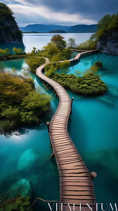Captivating Wooden Bridge Over Water: Dark Turquoise & Emerald Landscapes AI Image